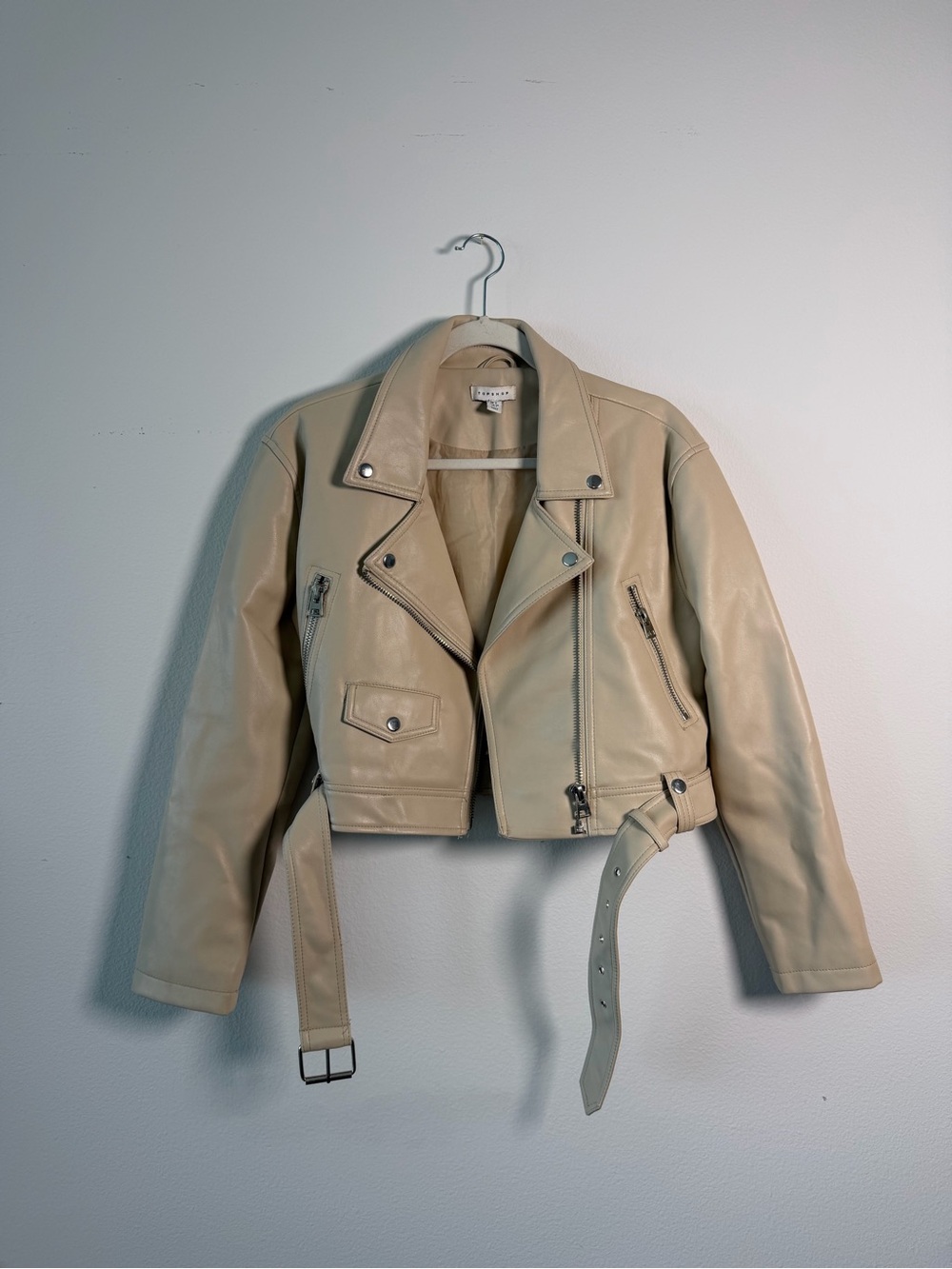 Topshop Cropped Leather Moto Jacket - Beige